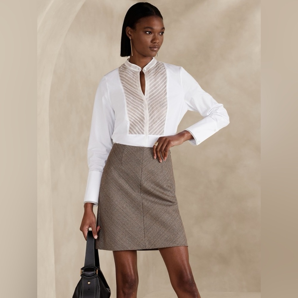 Banana Republic Josefa tuxedo shirt with sheer silk panel and sleeve trim.
